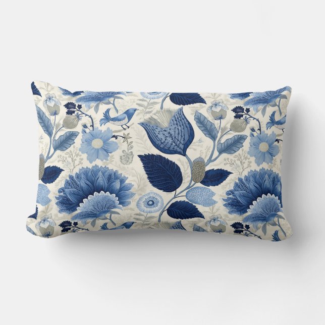 Midnight Delft Garden Vintage Botanical Blue Lumbar Pillow (Front)