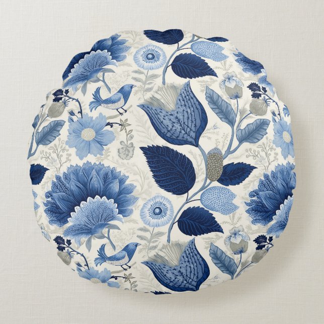 Midnight Delft Garden Vintage Botanical Blue Round Pillow (Front)