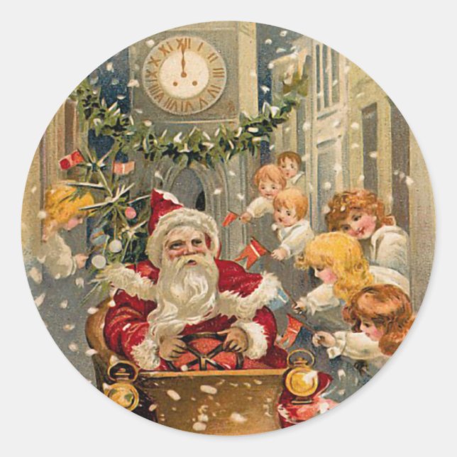 Midnight Drive Vintage Christmas Card Classic Round Sticker (Front)