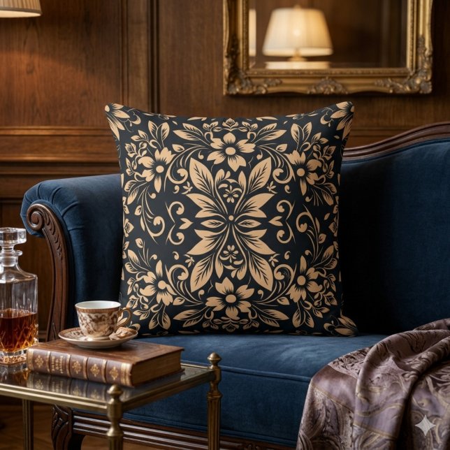 Midnight Elegance Damask Floral Throw Pillow (Creator Uploaded)