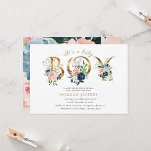midnight floral gold script baby shower invitation