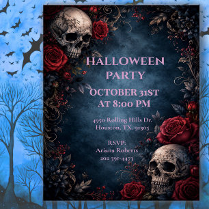 Midnight Floral Skull Halloween Party Invitation
