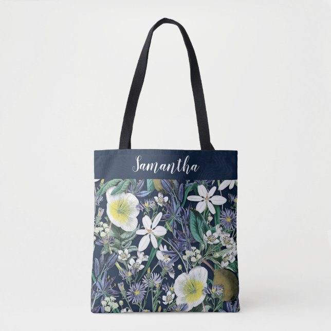 Midnight Floral Vintage Botanical Custom Tote Bag (Front)