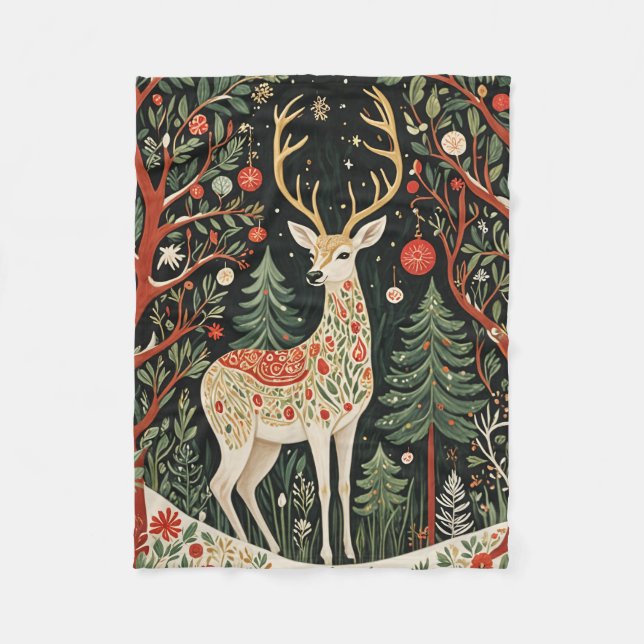 Midnight Forest Christmas Deer Fleece Blanket (Front)