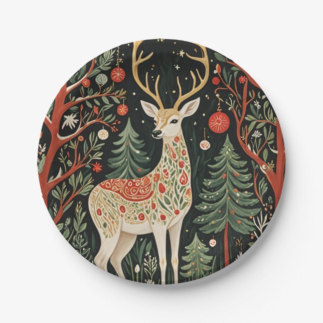 Midnight Forest Christmas Deer Paper Plate (Front)