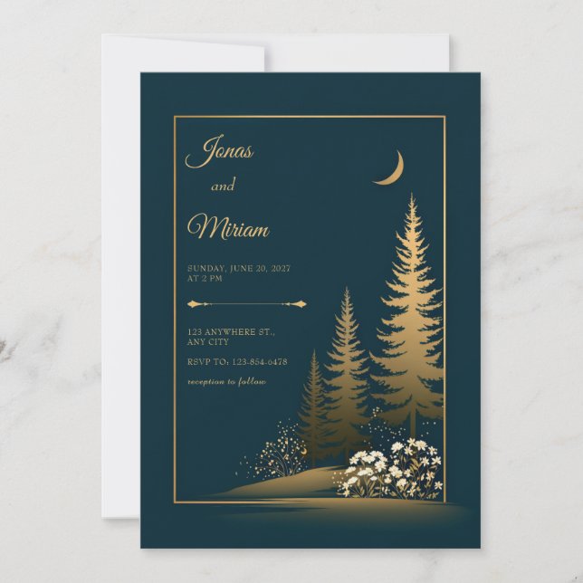 Midnight Forest Gold Wedding Invitation (Front)