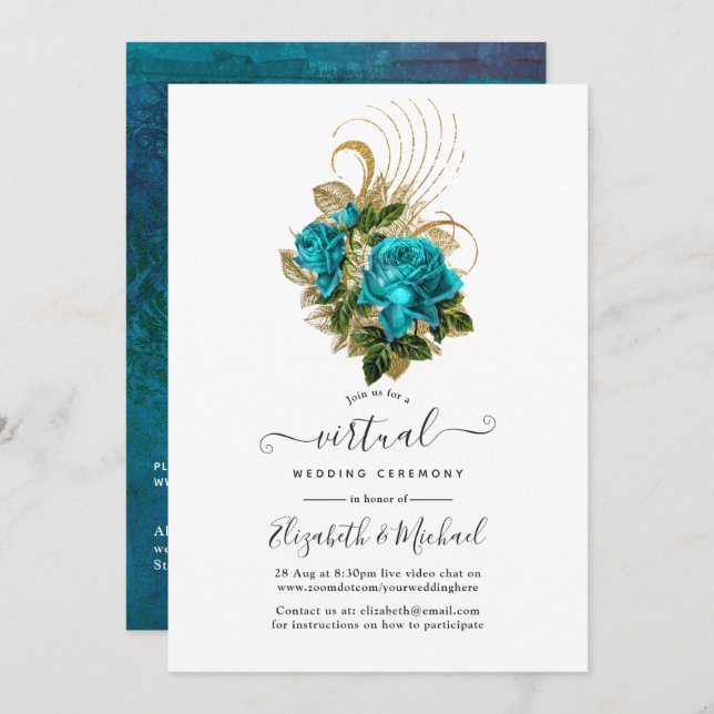 Midnight Forest Turquoise and Gold Virtual Wedding Invitation (Front/Back)