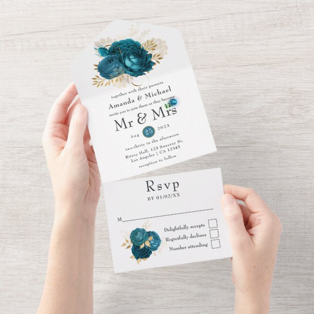 Midnight Forest Turquoise and Gold Wedding All In One Invitation (Tearaway)