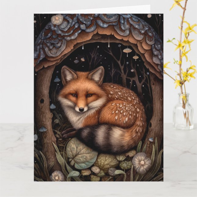 Midnight Fox Folded Greeting Card (Yellow Flower)