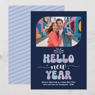 Midnight Frost Hello New Year Blue Retro Photo Holiday Card