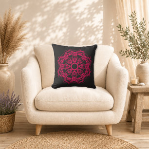Midnight Fuchsia Mandala Throw Pillow