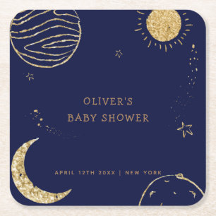 Midnight Galaxy Moon Star Boy Baby Shower  Square Paper Coaster