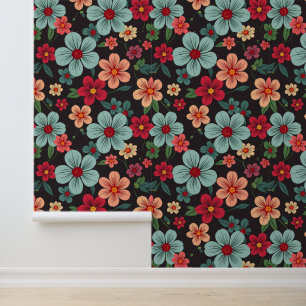 Midnight Garden Bloom: Retro Floral Pattern Wallpaper