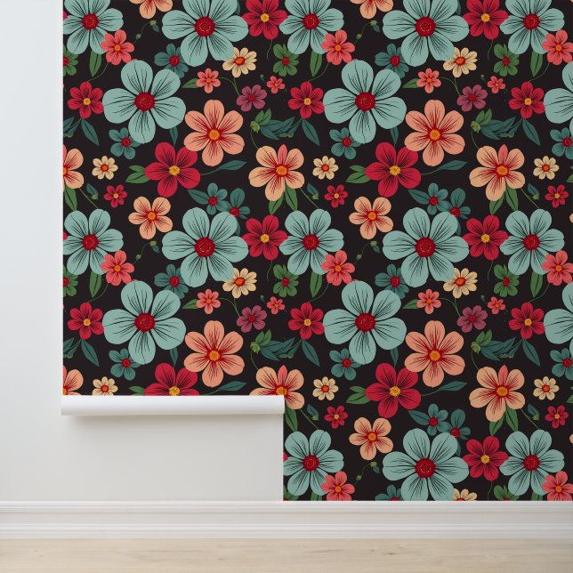 Midnight Garden Bloom: Retro Floral Pattern Wallpaper (Application)