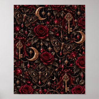 Midnight Garden | Gothic Roses, Celestial Moths Poster