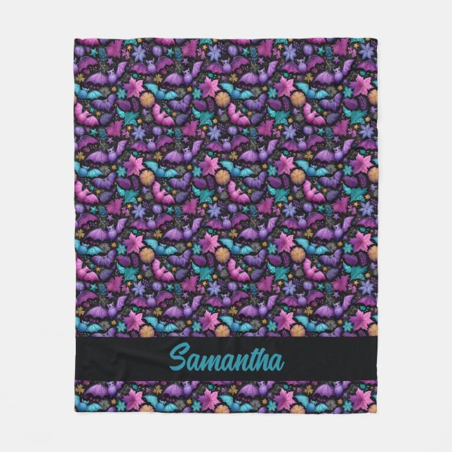 Midnight Garden Halloween Bats and Florals Fleece Blanket (Front)