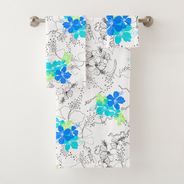 Midnight Garden Hawaiian Hibiscus Coordinate- Turq Bath Towel Set (Insitu)