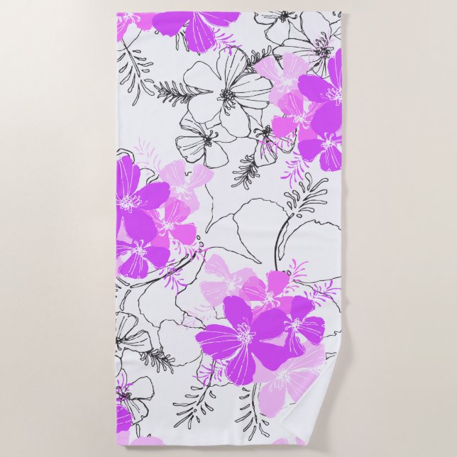Midnight Garden Hawaiian Hibiscus Floral Violet Beach Towel (Front)