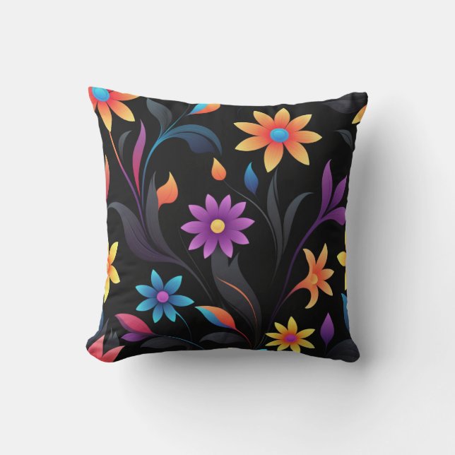 Midnight Garden: Vibrant Floral Fantasy Throw Pillow (Front)