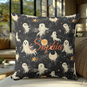 Midnight Ghosts & Golden Moons – Playful Halloween Throw Pillow