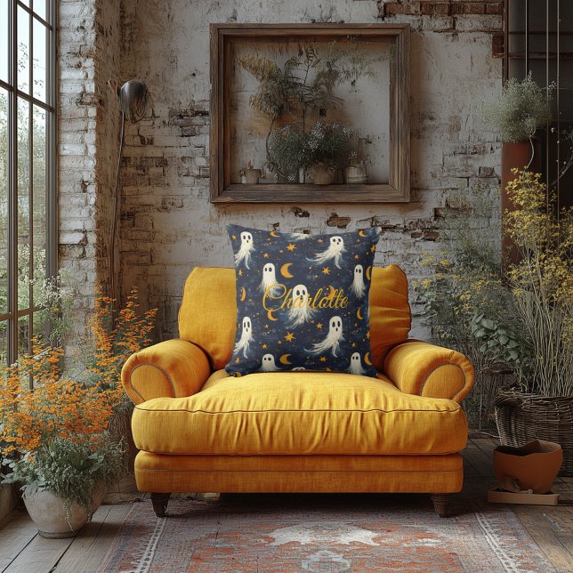 Midnight Ghosts Halloween with Celestial Motifs Throw Pillow (Creator Uploaded)