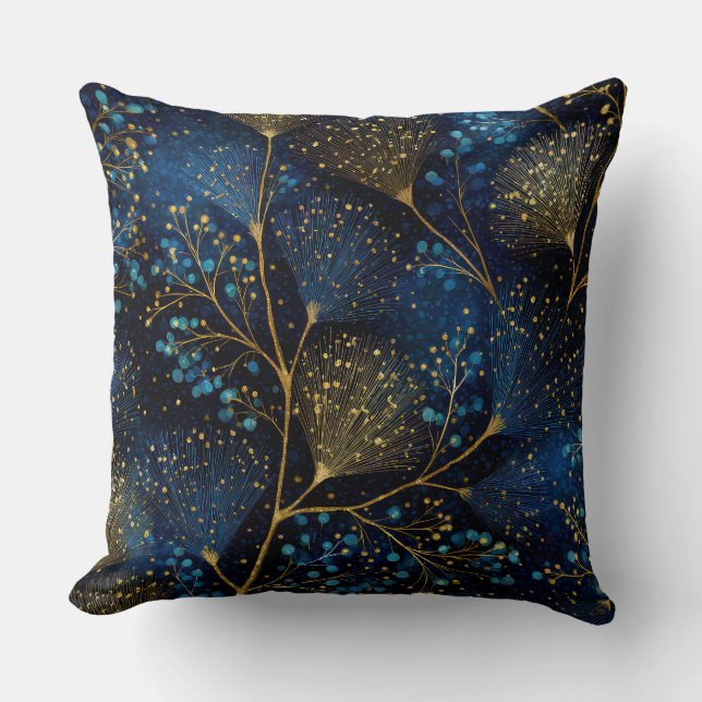 Midnight Gold Botanical Throw Pillow (Front)