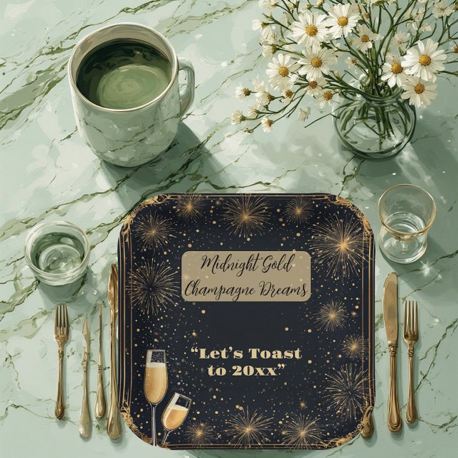 Midnight Gold Champagne Dreams Bubbly New Year Fun Paper Plate (Midnight Gold Champagne Dreams Bubbly New Year Fun Paper Plates)
