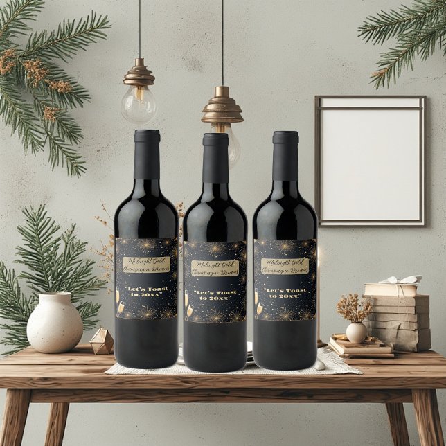 Midnight Gold Champagne Dreams Bubbly New Year Fun Wine Label (Midnight Gold Champagne Dreams Bubbly New Year Fun Wine Label)