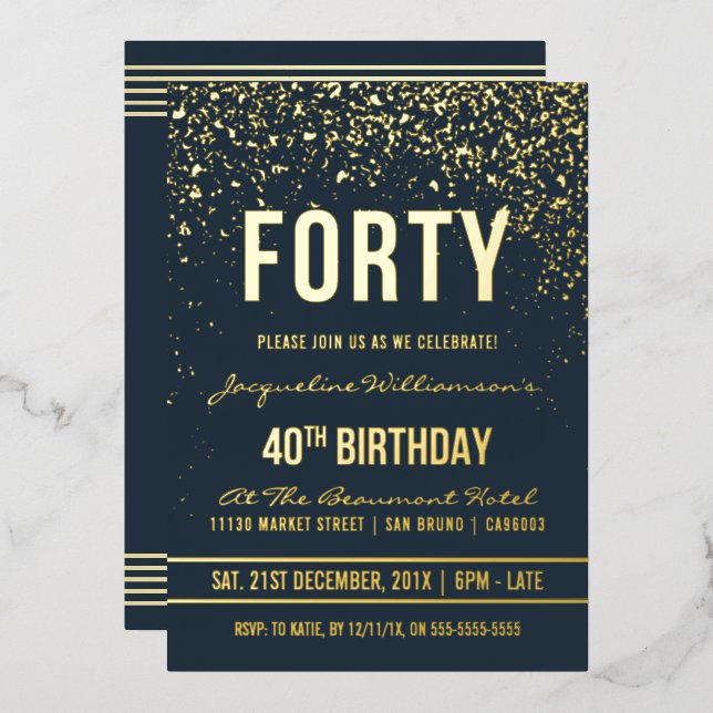 Midnight | Gold Confetti 40th Birthday Party (Front/Back)