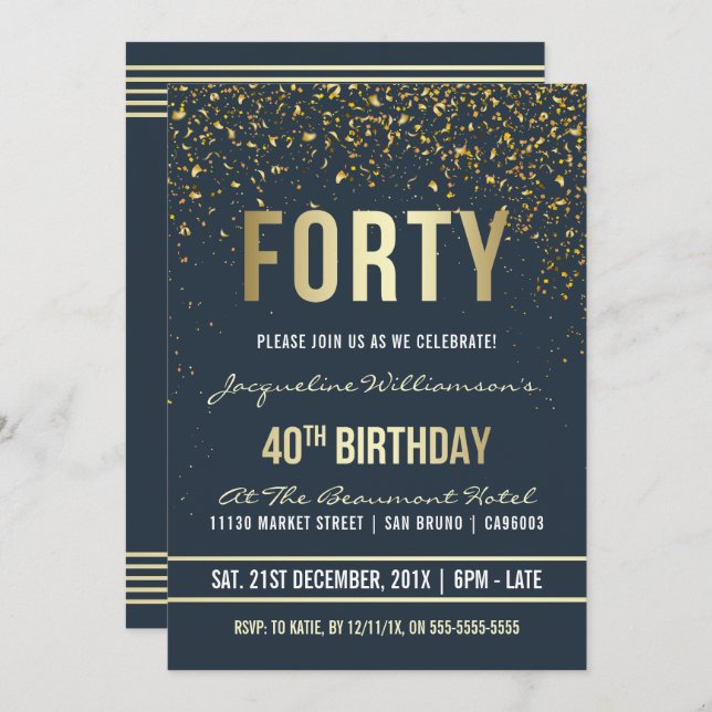 Midnight | Gold Confetti 40th Birthday Party Invitation (Front/Back)