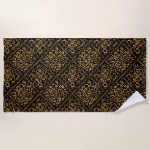Midnight Gold Damask Elegance Beach Towel