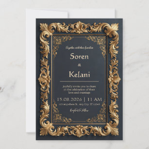 Midnight Gold Filigree Border Wedding Invitation