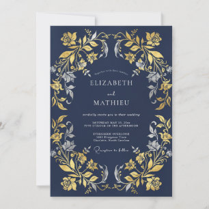 Midnight Gold Filigree Eucalyptus Wedding Invitation