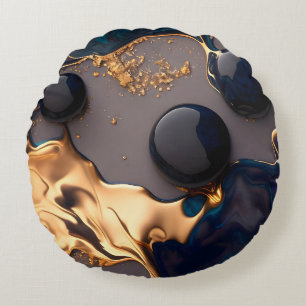 Midnight Gold Liquid Marble Round Pillow