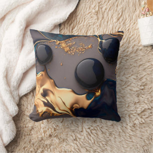 Midnight Gold Liquid Marble Throw Pillow
