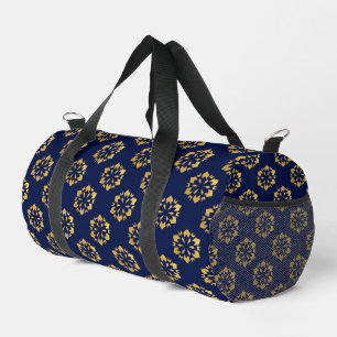 Midnight Gold: Luxe Geometric Pattern on Deep Blue Duffle Bag