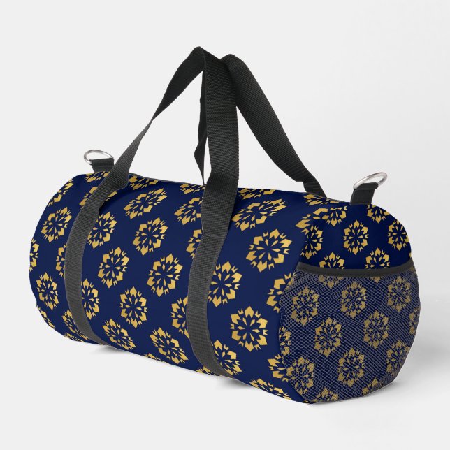 Midnight Gold: Luxe Geometric Pattern on Deep Blue Duffle Bag (Right Corner)