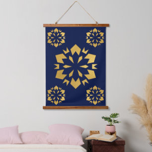 Midnight Gold: Luxe Geometric Pattern on Deep Blue Hanging Tapestry