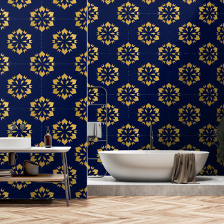 Midnight Gold: Luxe Geometric Pattern on Deep Blue Wallpaper