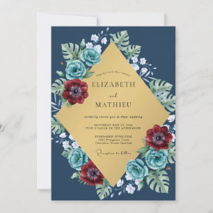 Midnight Gold Monstera Eucalyptus Wedding Invitation