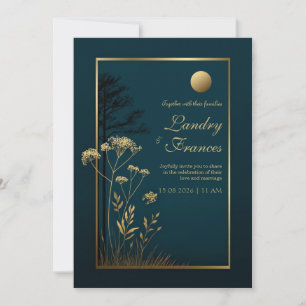 Midnight Gold Moon Botanical Wedding Invitation