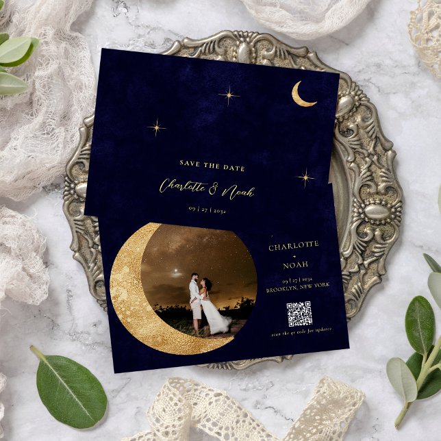 Midnight Gold Moon Stars Photo QR Code Wedding Save The Date (Creator Uploaded)