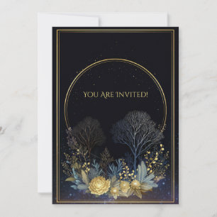 Midnight Gold Peony Celestial Botanical Halo Invitation