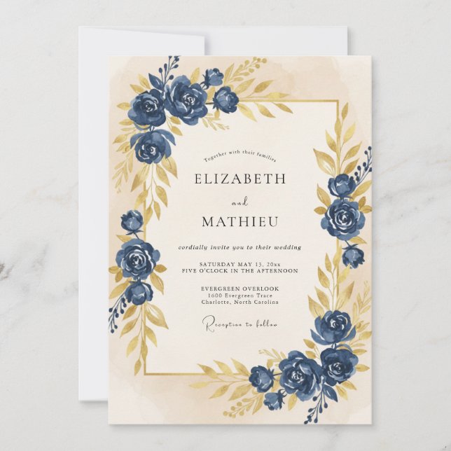Midnight Gold Petal Wedding Invitation (Front)