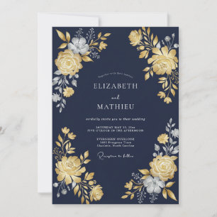 Midnight Gold Ranunculus Eucalyptus Wedding Invitation