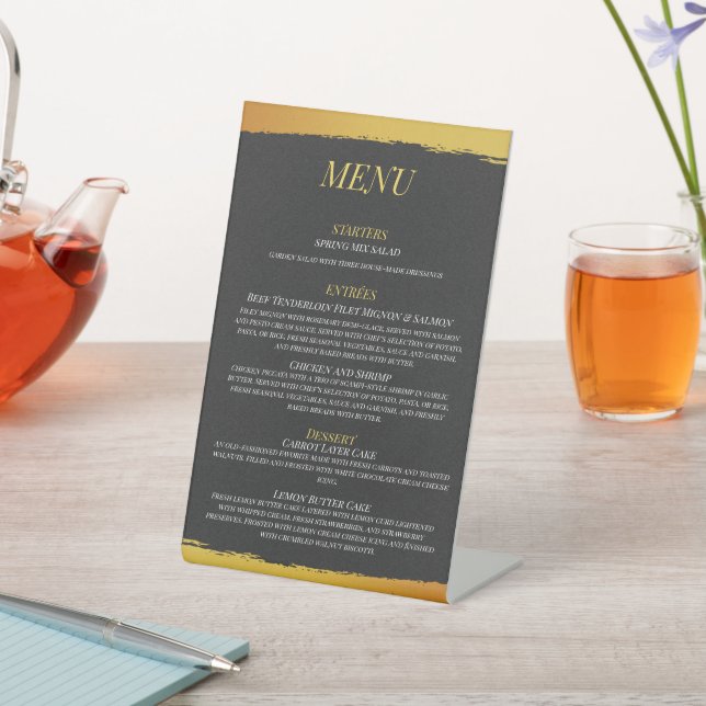 Midnight Gold Wedding Menu Pedestal Sign (In SItu)