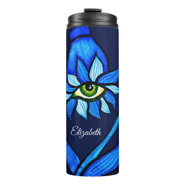 Midnight Gothic Eye Flower - Dark Blue Botanical Thermal Tumbler (Front)