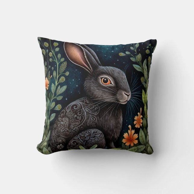 Midnight Hare Throw Pillow  (Front)