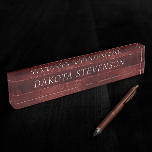 Midnight Henna Romance Crimson Red Satiny Damask Nameplate