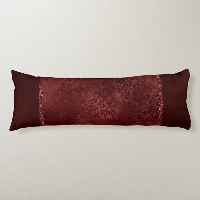 Midnight Henna Romance | Red Satiny Grunge Damask Body Pillow (Front)